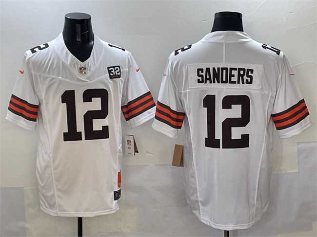 Men%27s Cleveland Browns #12 Shedeur Sanders White 2025 Draft F.U.S.E. With Jim Brown Memorial & Home Patch Vapor Limited Stitched Jersey